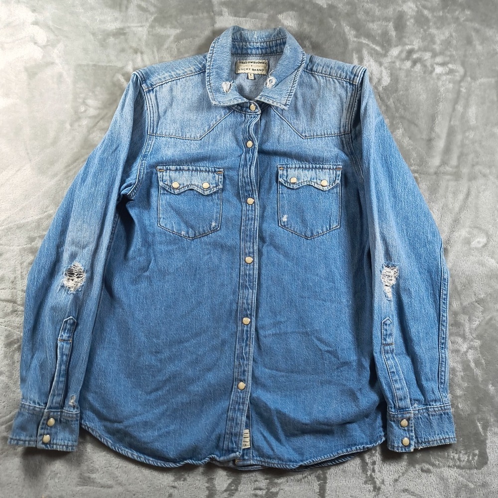 Lucky Brand x Yellowstone Denim Shirt Women Small Studs Pearl Snap Distressed